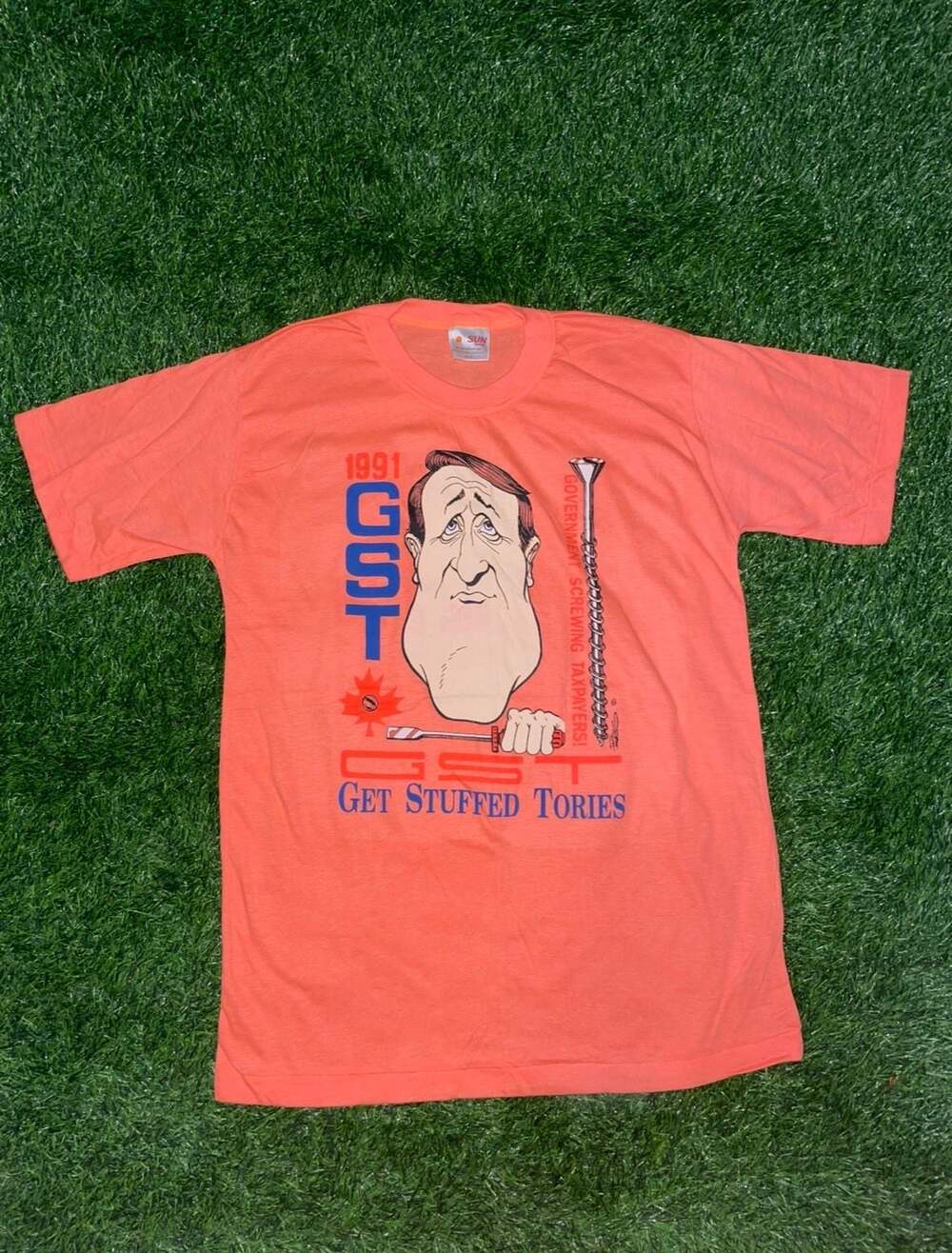 Vintage 1991 Sun Fashion GST Get Stuffed Tories Political T-Shirt